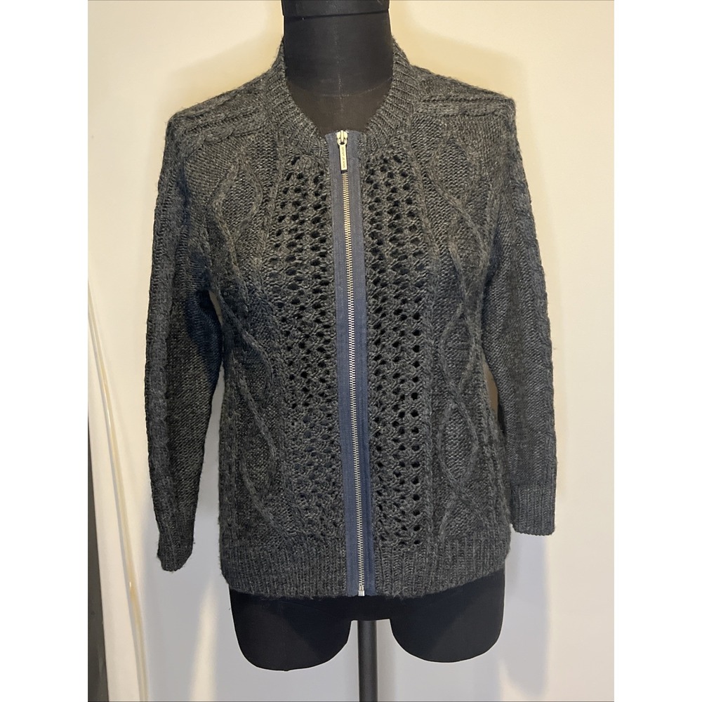 DKNY Women's Charcoal Gray Full Zip Sweater Open-Knit Cable Style Medium